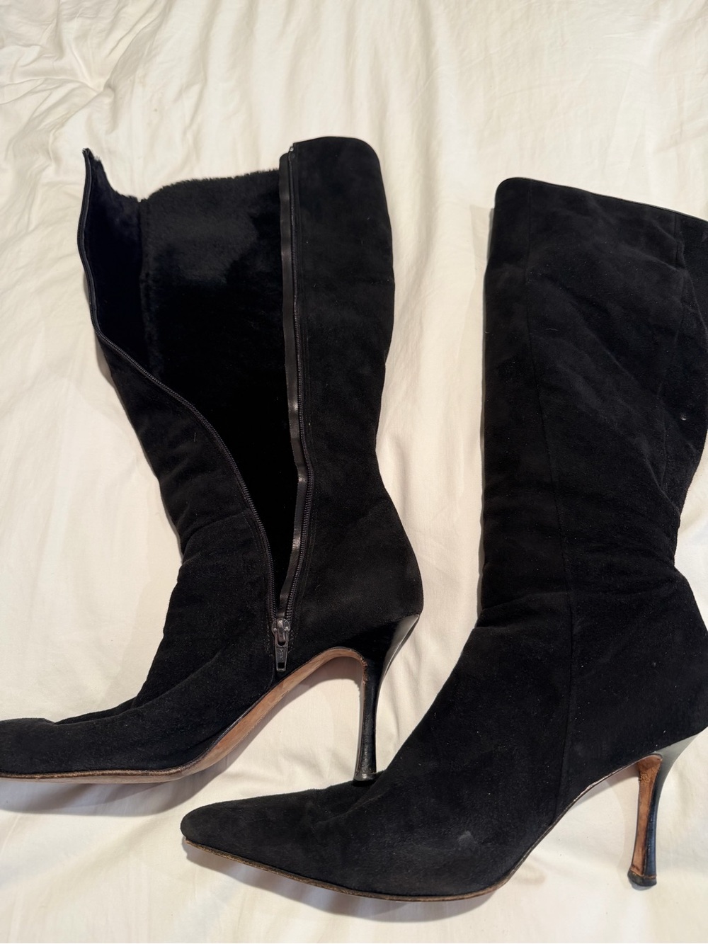 Manolo Blahnik Black Suede Pointed-Toe Mid-Calf Heeled Boots